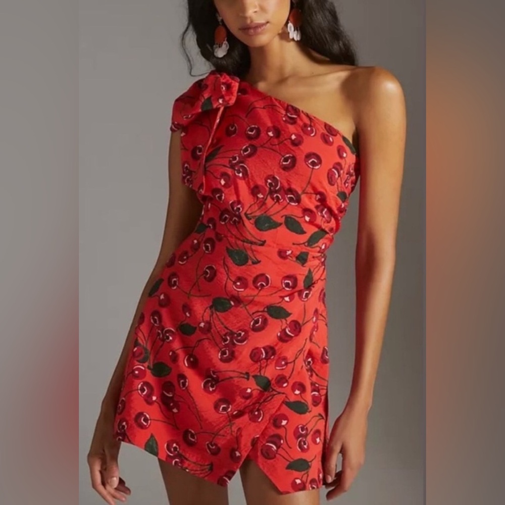 Maeve Anthropologie Cherry Bow One Shoulder Mini Dress in Red‎ - 00